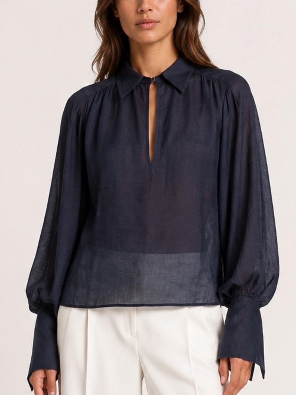 FRAME Keyhole Blouse in Navy (Size S)